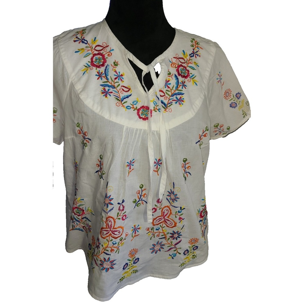 Life Style Top Womens Lg Petite Ivory Floral Embroidered Shirt Tie Front Whimsy